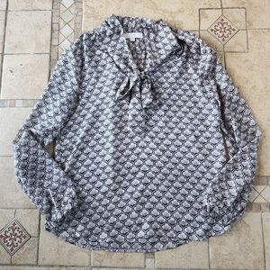 LOFT Black & White Scallop-Print Tie-Neck Blouse